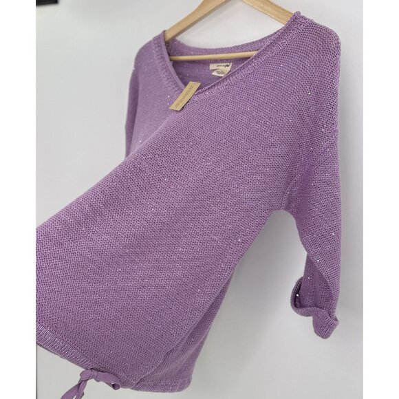 DKNY V-Neck Knit Purple Shimmery Pullover Sweater Size M Preppy Bottom Tie Flaw - Picture 8 of 11